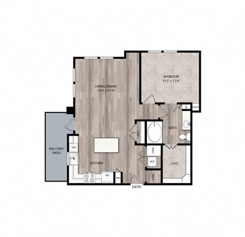 Floor plan for 1 bed, 1 bath, 849 sqft