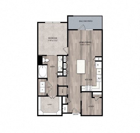 Floor plan for 1 bed, 1 bath, 930 sqft