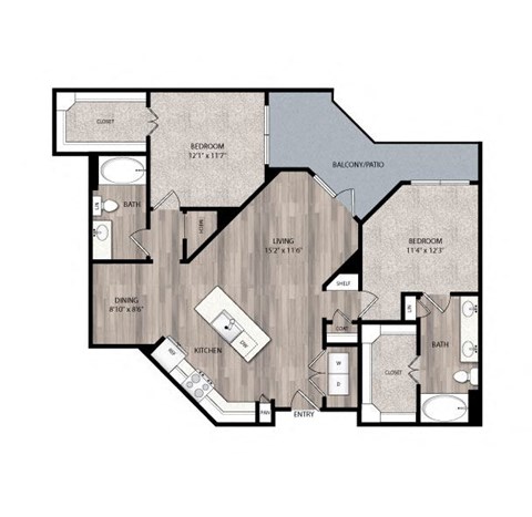 Floor plan for 2 beds, 2 baths, 1159 sqft