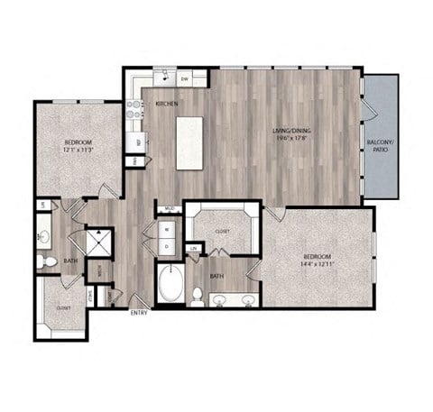 Floor plan for 2 beds, 2 baths, 1341 sqft