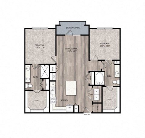 Floor plan for 2 beds, 2 baths, 1191 sqft