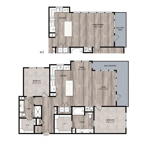 Floor plan for 2 beds, 2 baths, 1295 sqft