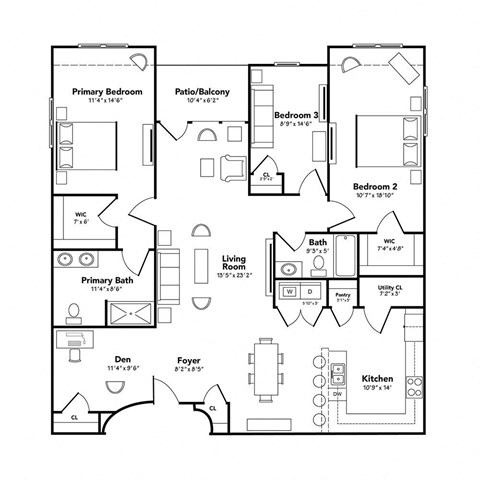 Floor plan for 3 beds, 2 baths, 1760 sqft