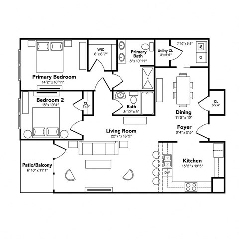 Floor plan for 2 beds, 2 baths, 1291 sqft