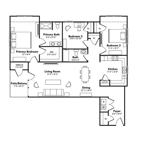 Floor plan for 3 beds, 2 baths, 1589 sqft