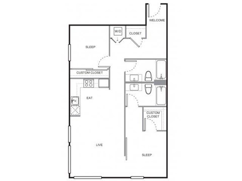 Floor plan for 2 beds, 2 baths, 957 sqft