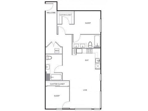 Floor plan for 2 beds, 2 baths, 1065 sqft