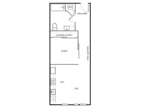 Floor plan for 1 bed, 1 bath, 567 sqft