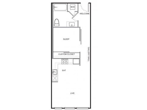 Floor plan for 1 bed, 1 bath, 597 sqft