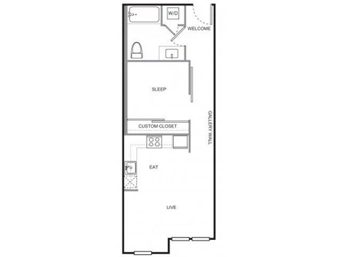 Floor plan for 1 bed, 1 bath, 579 sqft