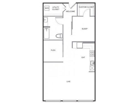 Floor plan for 1 bed, 1 bath, 943 sqft