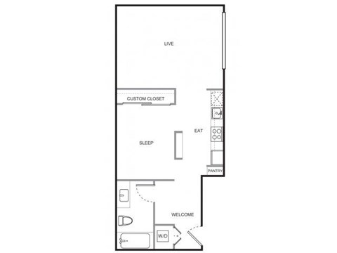Floor plan for 1 bed, 1 bath, 629 sqft