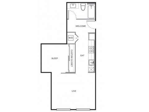 Floor plan for 1 bed, 1 bath, 587 sqft