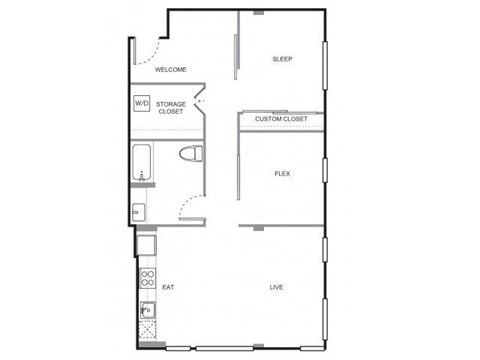 Floor plan for 1 bed, 1 bath, 989 sqft