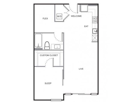 Floor plan for 1 bed, 1 bath, 735 sqft