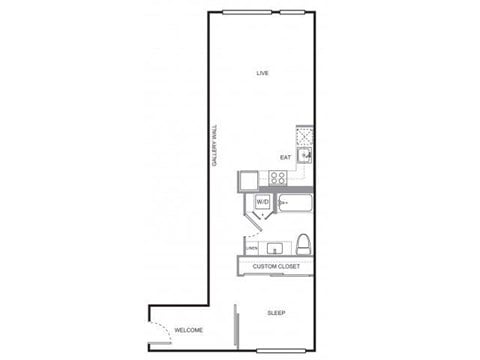 Floor plan for 1 bed, 1 bath, 732 sqft
