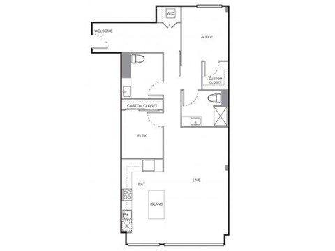 Floor plan for 2 beds, 1.2 baths, 1287 sqft