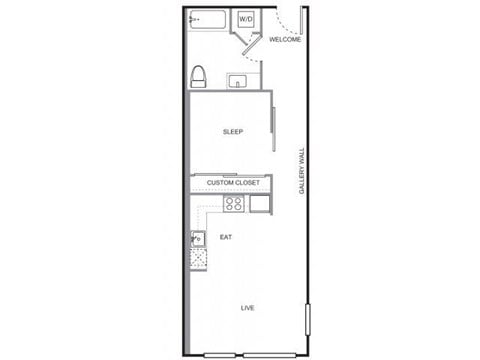 Floor plan for 1 bed, 1 bath, 672 sqft