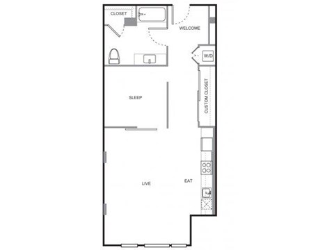 Floor plan for 1 bed, 1 bath, 844 sqft
