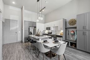 Frisco apartment for rent - A modern kitchen with a dining table and chairs.
