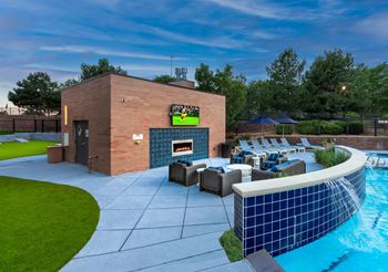 Outdoor lounge with fireplace