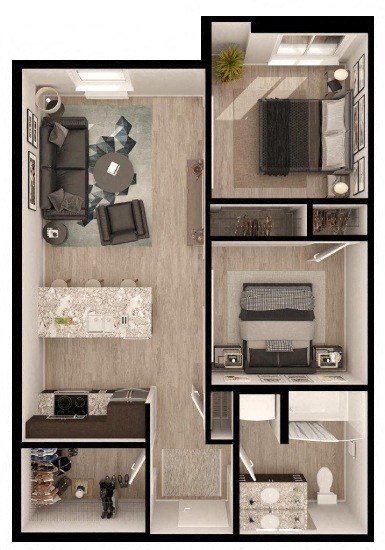 Floor plan for 2 beds, 1 bath, 753 sqft