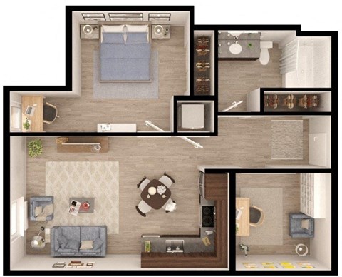 Floor plan for 1 bed, 1 bath, 796 sqft
