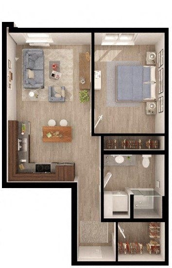 Floor plan for 1 bed, 1 bath, 655 sqft