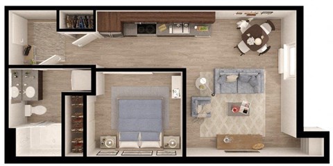 Floor plan for 1 bed, 1 bath, 571 sqft