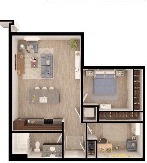 Floor plan for 1 bed, 1 bath, 842 sqft
