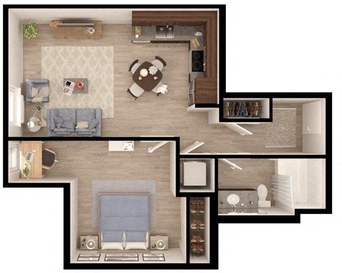 Floor plan for 1 bed, 1 bath, 665 sqft