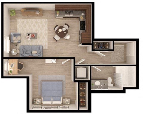 Floor plan for 1 bed, 1 bath, 669 sqft