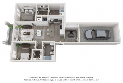 Floor plan for 2 beds, 2 baths, 1072 sqft