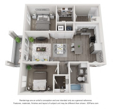 Floor plan for 2 beds, 2 baths, 972 sqft
