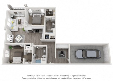 Floor plan for 2 beds, 2 baths, 1142 sqft