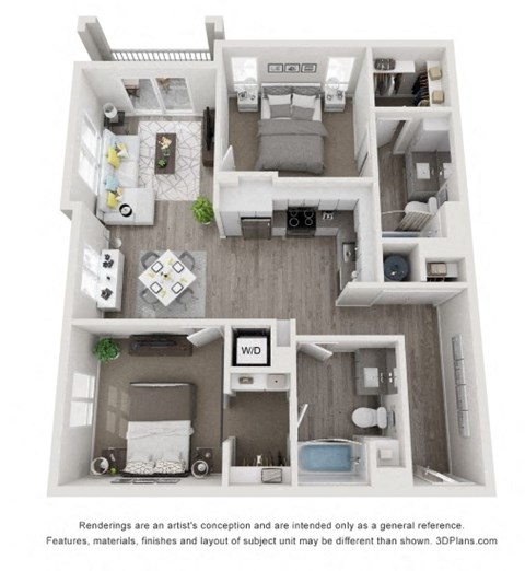 Floor plan for 2 beds, 2 baths, 1045 sqft