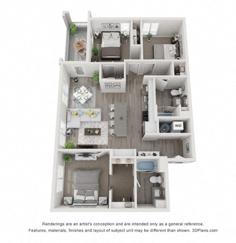 Floor plan for 3 beds, 2 baths, 1228 sqft