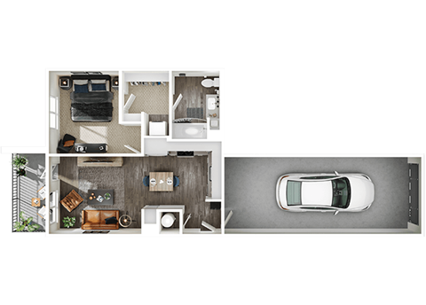 Floor plan for 1 bed, 1 bath, 629 sqft