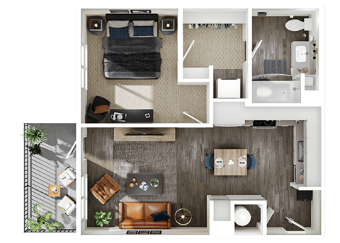 Floor plan for 1 bed, 1 bath, 629 sqft
