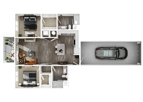 Floor plan for 2 beds, 2 baths, 985 sqft