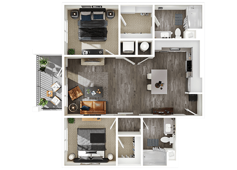 Floor plan for 2 beds, 2 baths, 985 sqft