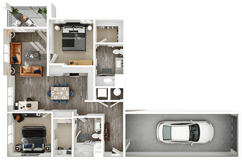 Floor plan for 2 beds, 2 baths, 1049 sqft