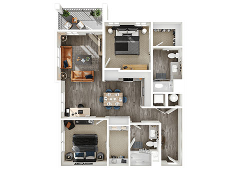 Floor plan for 2 beds, 2 baths, 1049 sqft