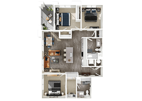 Floor plan for 3 beds, 2 baths, 1242 sqft
