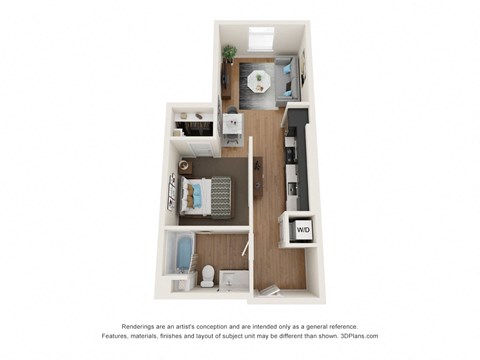 Floor plan for 1 bed, 1 bath, 562 sqft