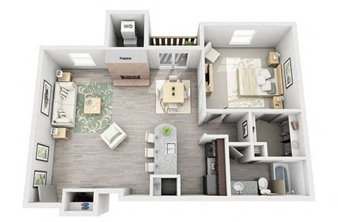 Floor plan for 1 bed, 1 bath, 653 sqft