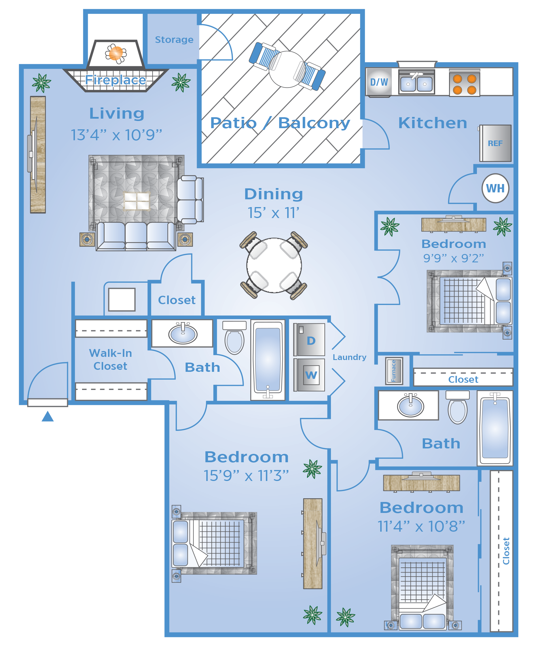 Floor plan for 3 beds, 2 baths, 1244 sqft