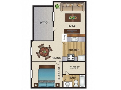 Floor plan for 1 bed, 1 bath, 556 sqft