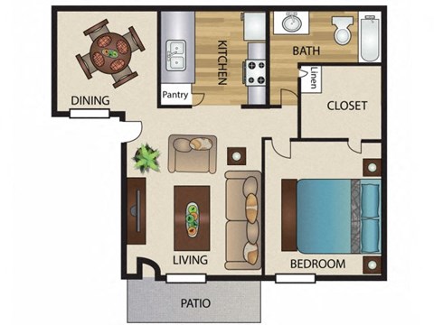 Floor plan for 1 bed, 1 bath, 659 sqft