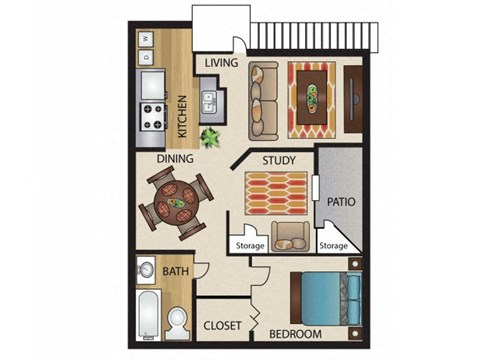 Floor plan for 1 bed, 1 bath, 840 sqft